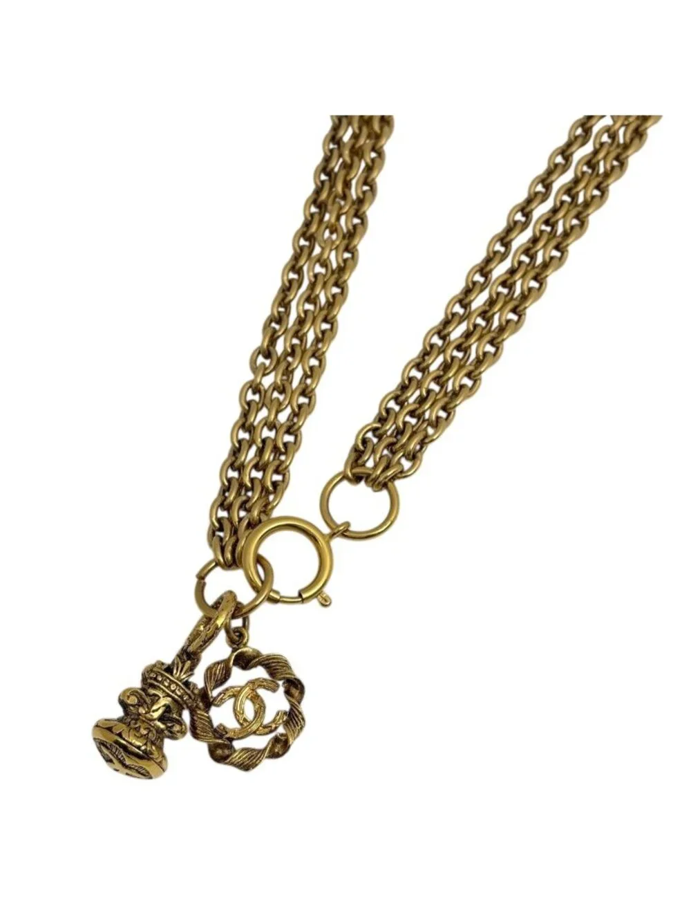 Chanel CC Logo Chain Necklace Triple Strand Long Gold Plated